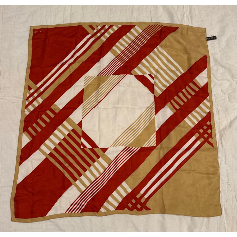 Echo Silk Scarf Red Gold White Geometric Striped Square 34x34 Vintage Style